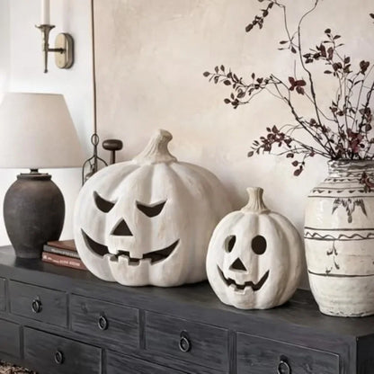 7.5"H White Handmade Terracotta Pumpkin Jack O' Lantern w/Artisan Finish