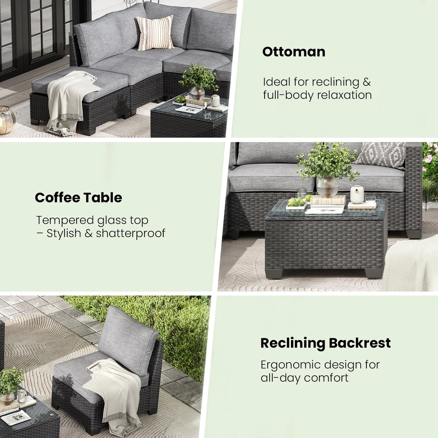 Patio Sectional Sofa Set w/Ottoman, Water/Oil/Stain-Resistant Fabric