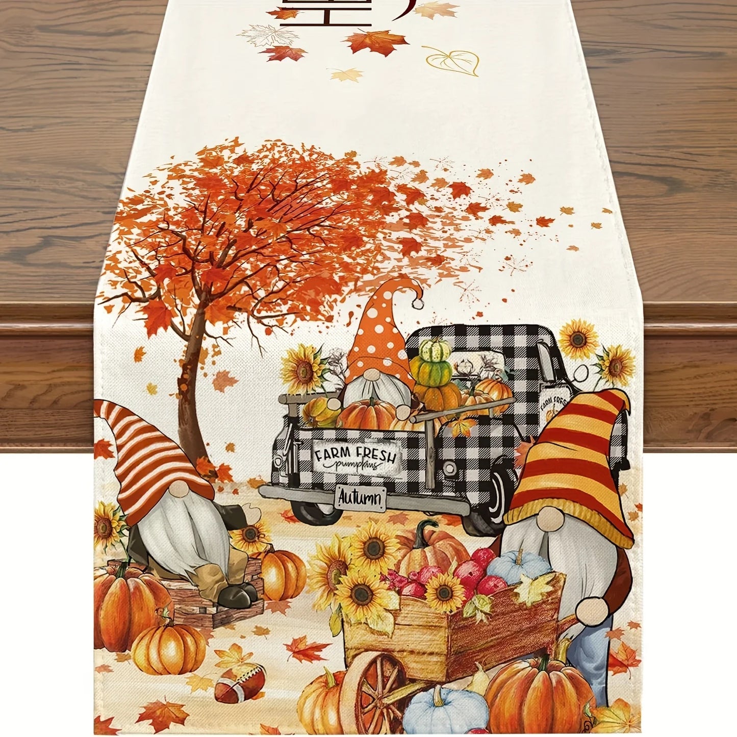 1pc Thanksgiving Table Runner, Gnomes Pumpkin Sunflower Truck Buffalo Plaid Fall