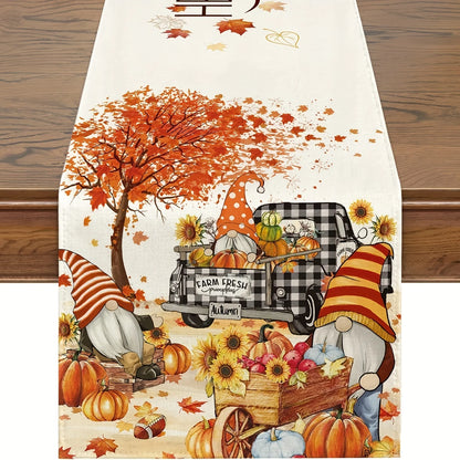 1pc Thanksgiving Table Runner, Gnomes Pumpkin Sunflower Truck Buffalo Plaid Fall