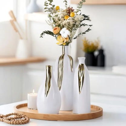 Ceramic Vase 3 Pcs Set, White and Gold Vases
