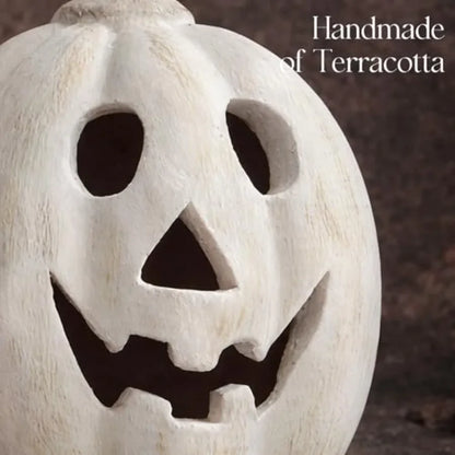 7.5"H White Handmade Terracotta Pumpkin Jack O' Lantern w/Artisan Finish