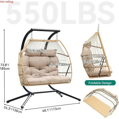 2 Person Hanging Wicker Egg Swing Chair with Stand