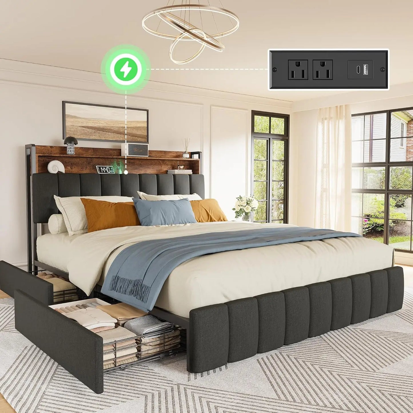 Queen Bed Frame, Upholstered Headboard, 4 Drawers, Charging Station,