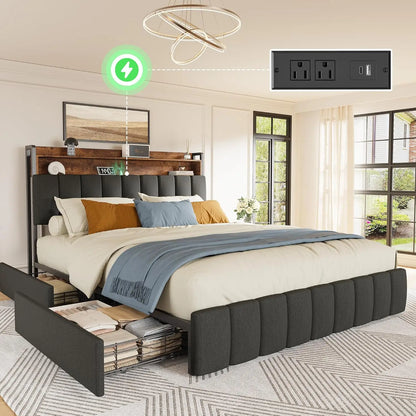 Queen Bed Frame, Upholstered Headboard, 4 Drawers, Charging Station,