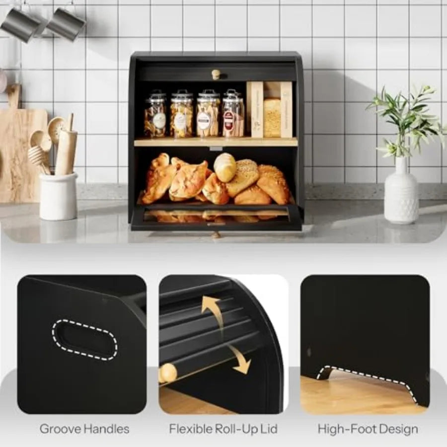 Bamboo Bread Box for Kitchen Countertop, 2 Tier Roll-Top Bread Bin