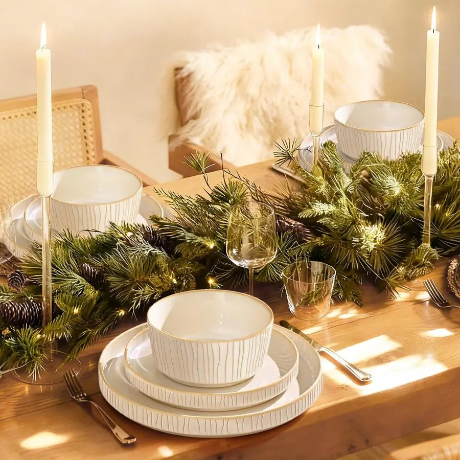 12pc Chip Resistant Stoneware, Ribbed Reactive Glaze Ceramic
