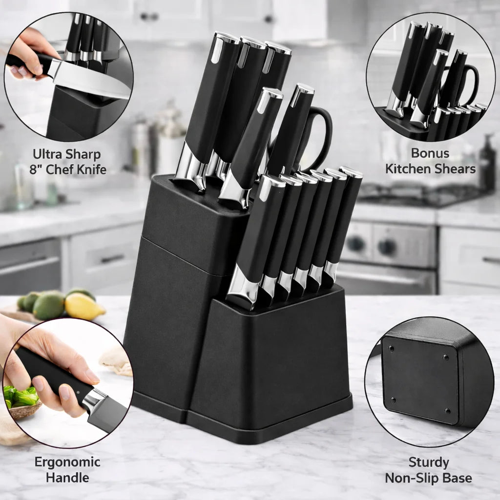 13Pcs Professional Kitchen Knife Block Set with 6 Steak Knives