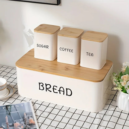 White Metal Bread Box, Tea, Coffee, Sugar w/Bamboo Cover,