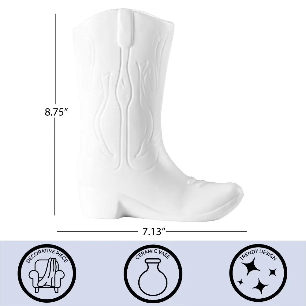 White Ceramic Cowboy Boot Planter Pot, Flower Vase for Succulents