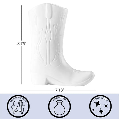 White Ceramic Cowboy Boot Planter Pot, Flower Vase for Succulents