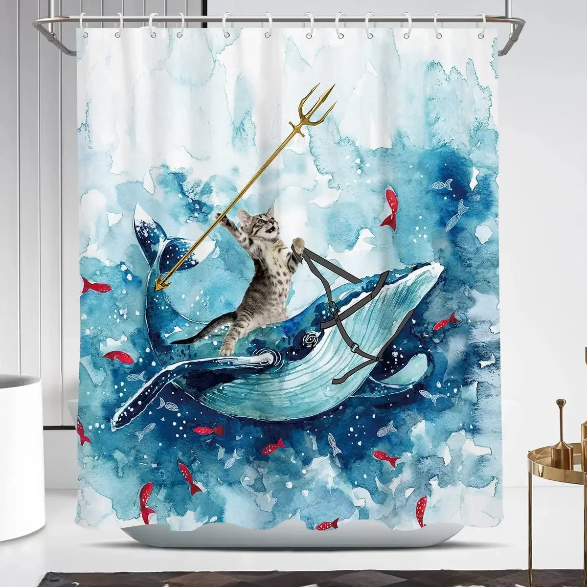 Cool Cat Riding Shark Seagull on Ocean Sea Blue Waves