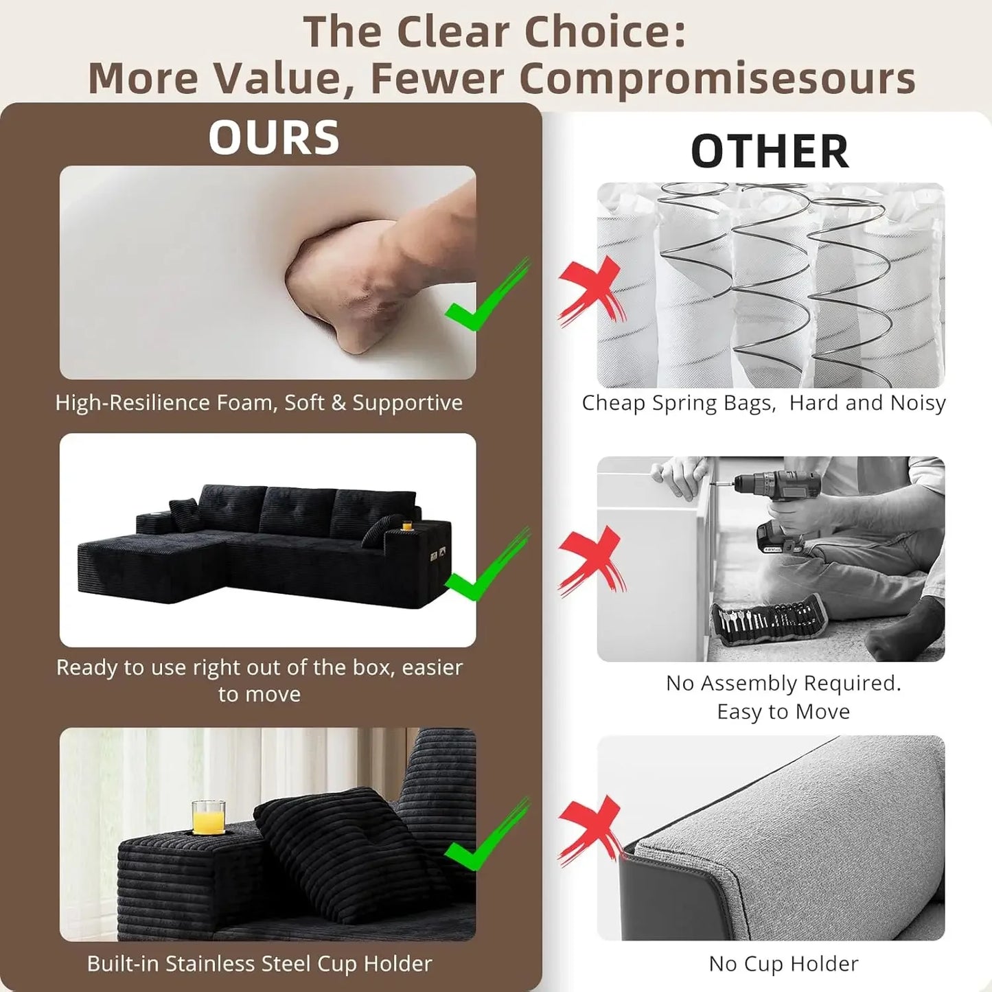 109" Boneless, Deep Modular Sectional Sofa w/Oversized Chaise,