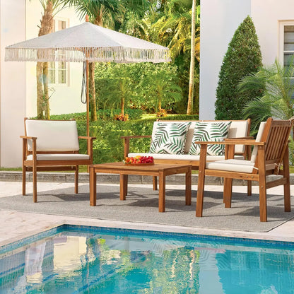 4pc Outdoor Patio Acacia Wood Sofa Set w/Table & Cushions
