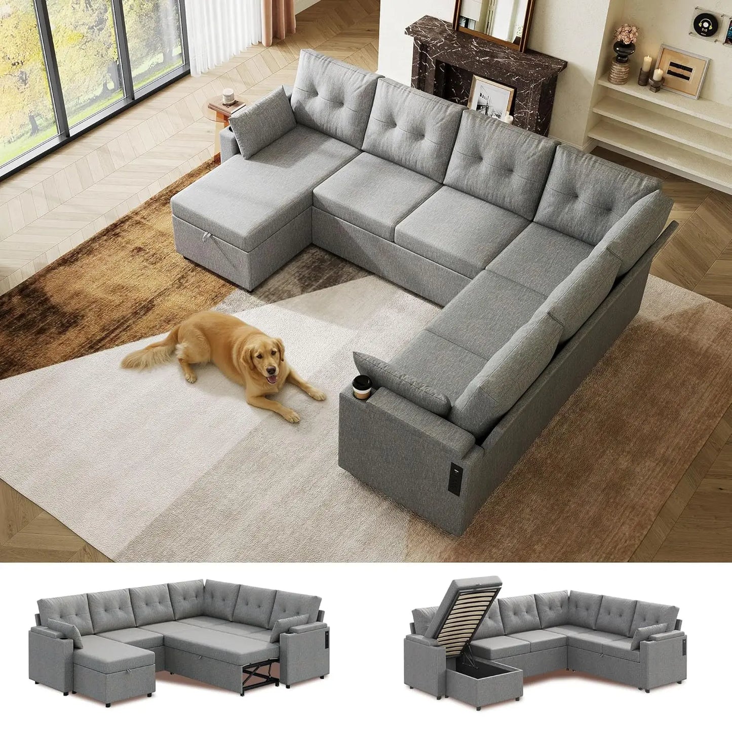 110'' Sectional Pull Out Couch, U Shape 7 Seat Sleeper Sofa w/Storage