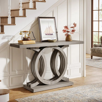 Modern 55"Console Table w/Geometric Wood Base, Modern