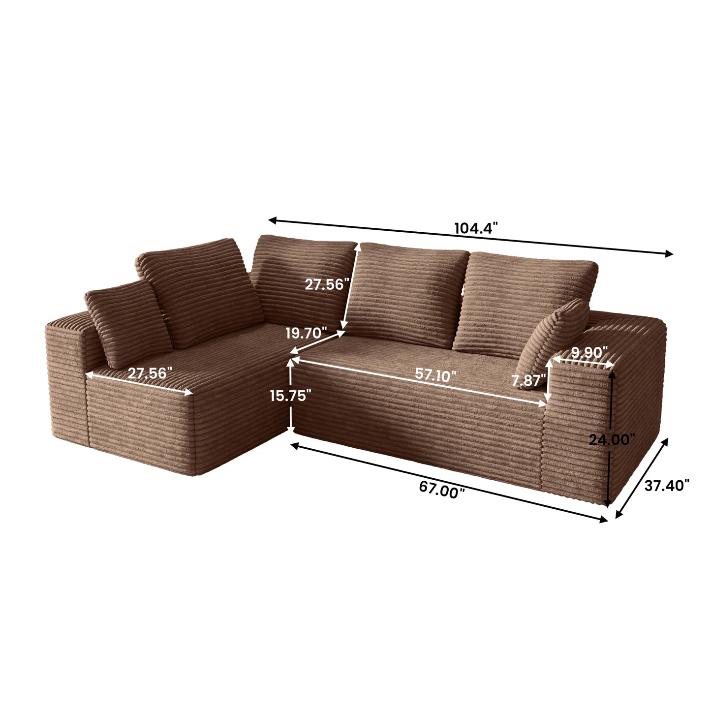Modern 104" Boneless Sectional Couch w/L-Shape Chaise, Deep Seat
