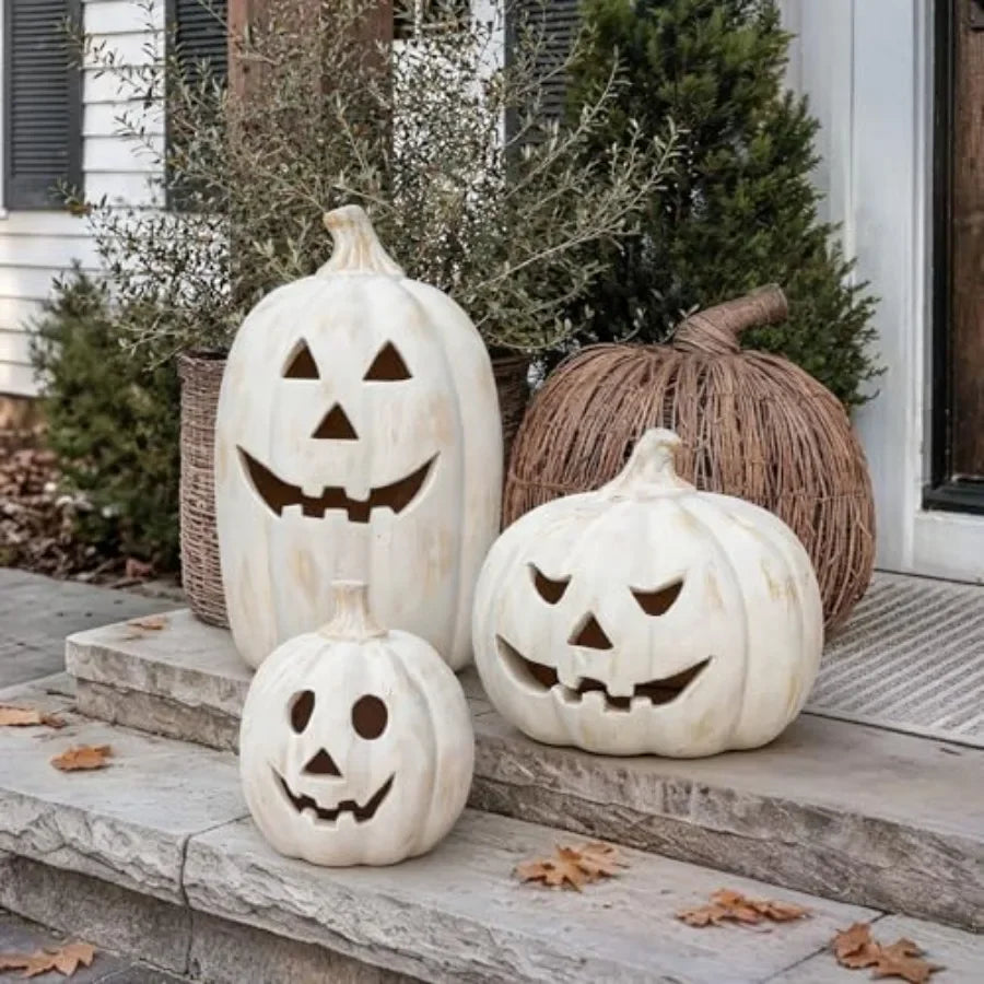 7.5"H White Handmade Terracotta Pumpkin Jack O' Lantern w/Artisan Finish