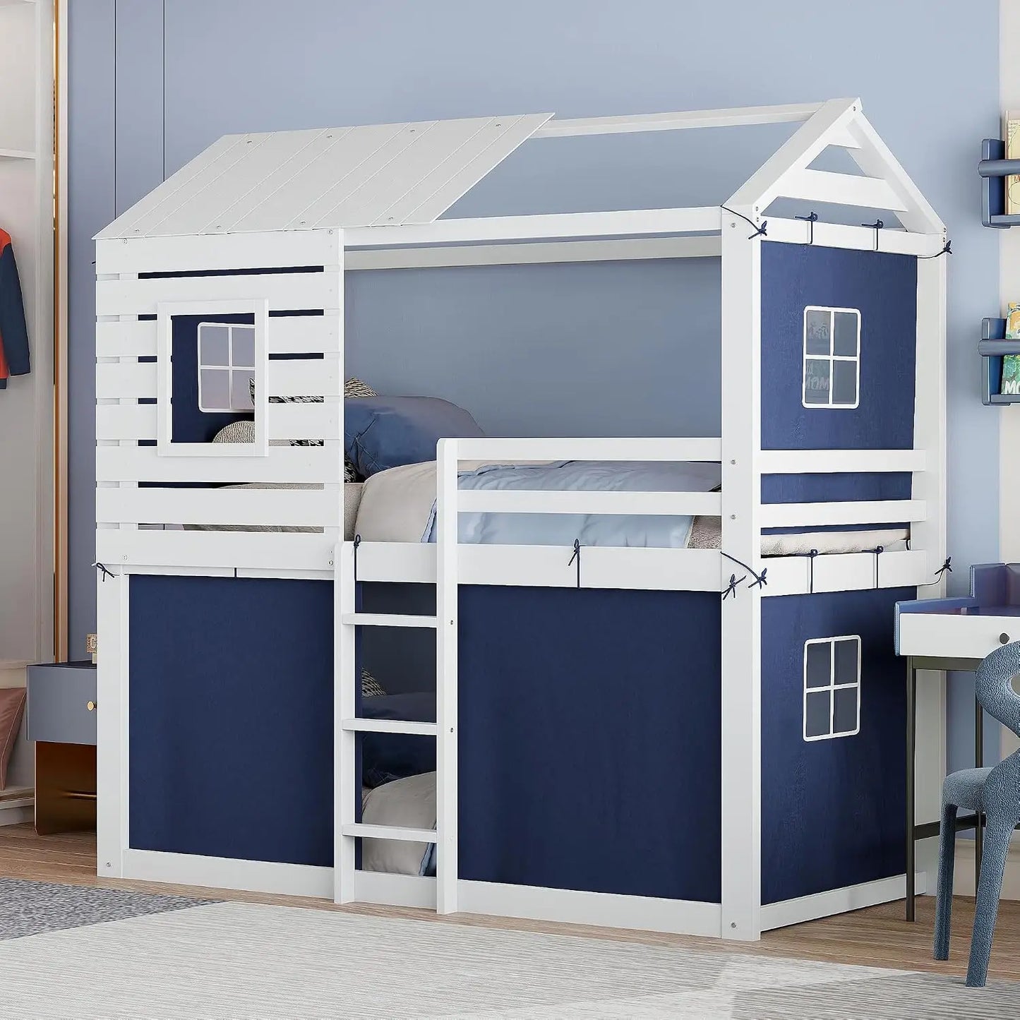House Twin Over Twin Bunk Beds w/Storage Drawers & Shelf