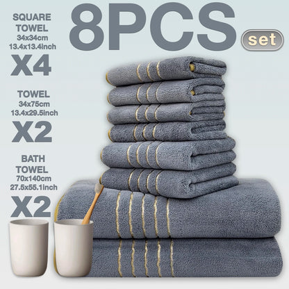 2/3/6/8 Pcs Bath Towel Set White & Gray with Gold Accents