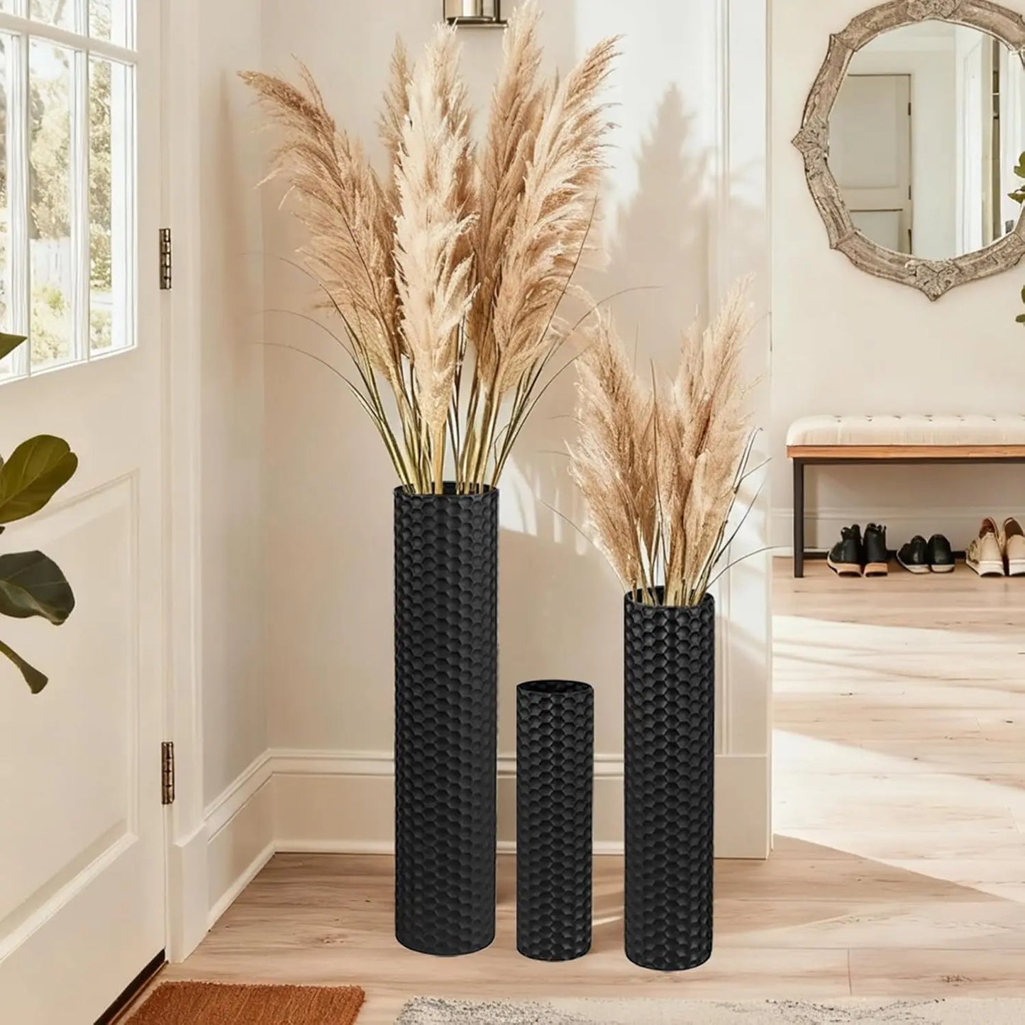 Set (3) Extra Large Black Tall Metal Decorative Vases, 27.6"