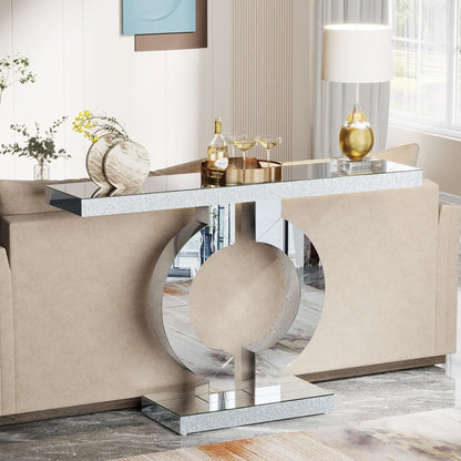 Mirrored Console Table with O-Shaped Base, Rectangle Accent Table