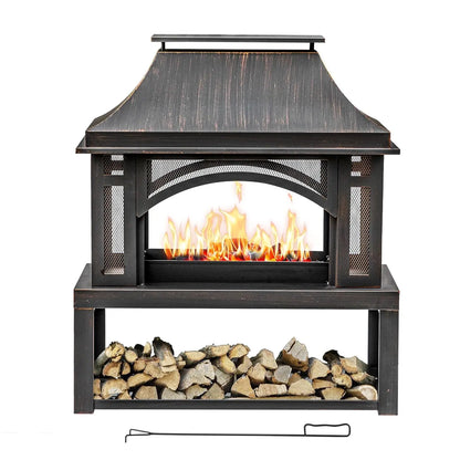 39" Large Wood Burning Outdoor Fireplace w/Chimney, Storage