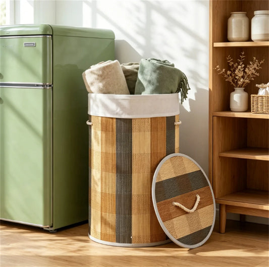Collapsible 13.2 Gallon Bamboo Laundry Hamper with Lid & Removable Liner,