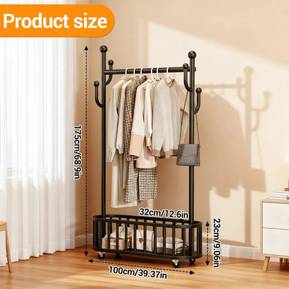 Movable Clothes Rail, Hanging Coat Rack with Storage Basket