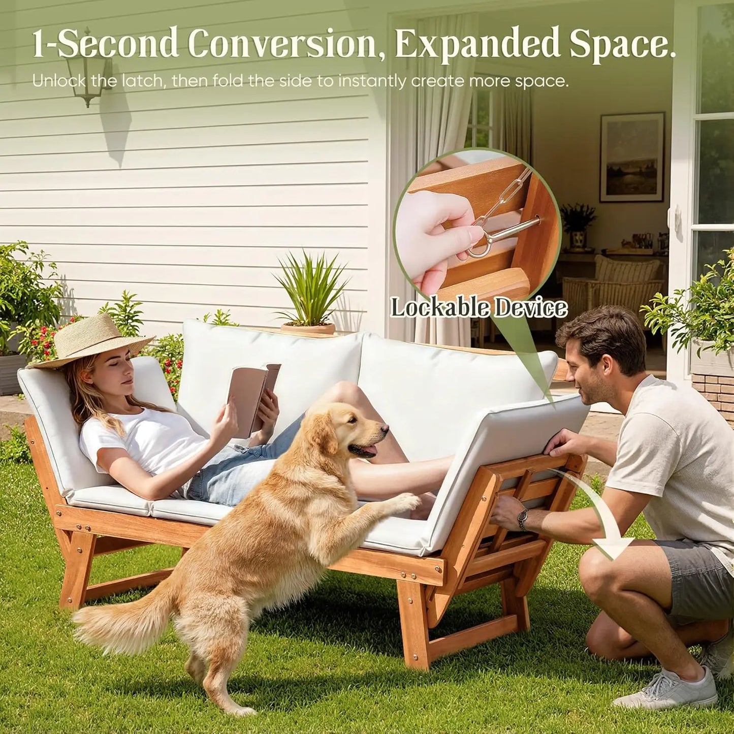 Outdoor Loveseat, Soft Cushion, Laydown Convertible, Adjustable Armrest