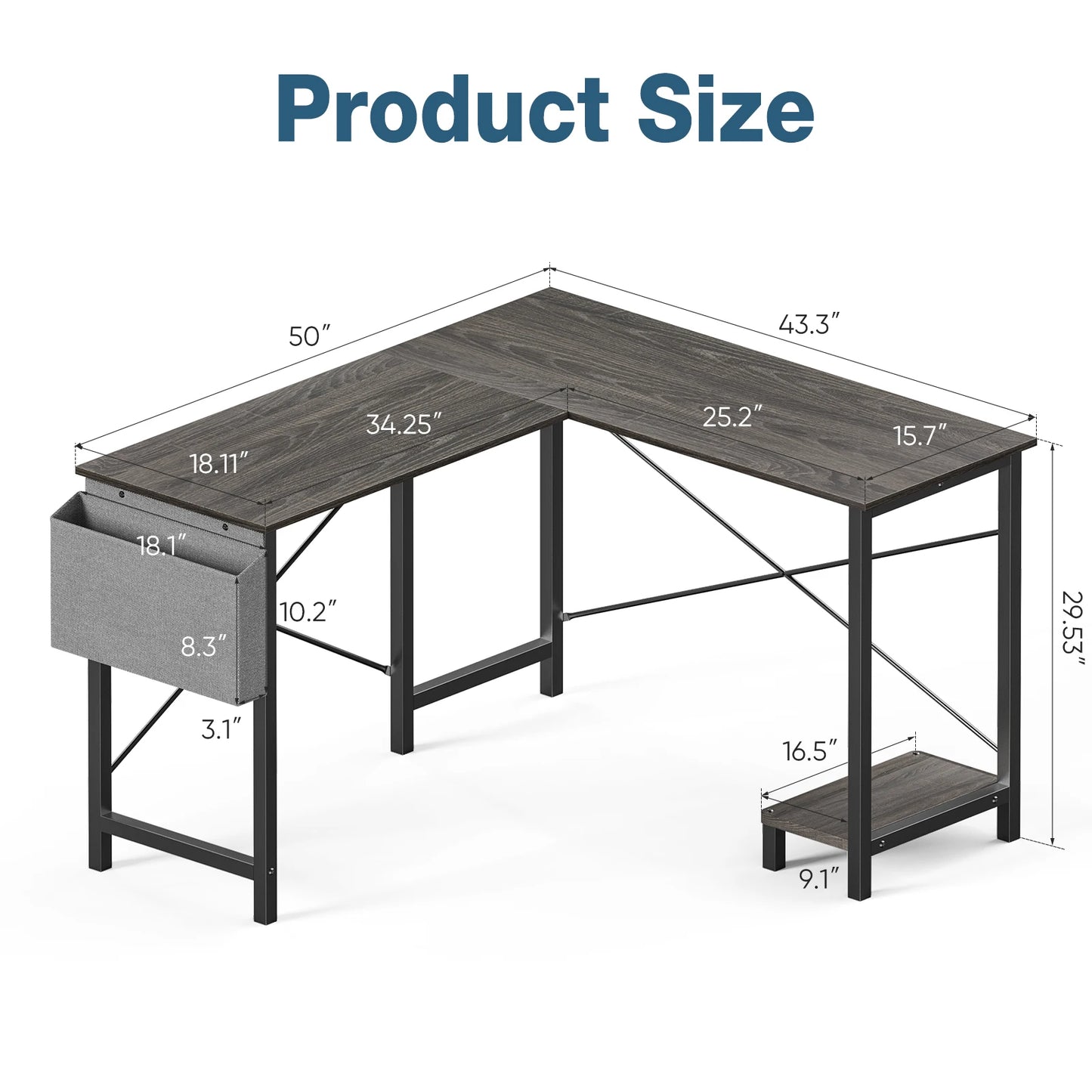 50" Corner Wooden Table with CPU Storage Shelf & Side Bag