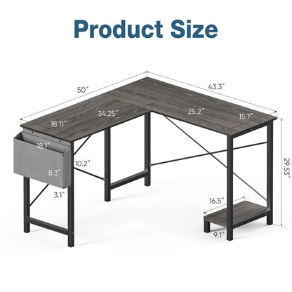 50" Corner Wooden Table with CPU Storage Shelf & Side Bag