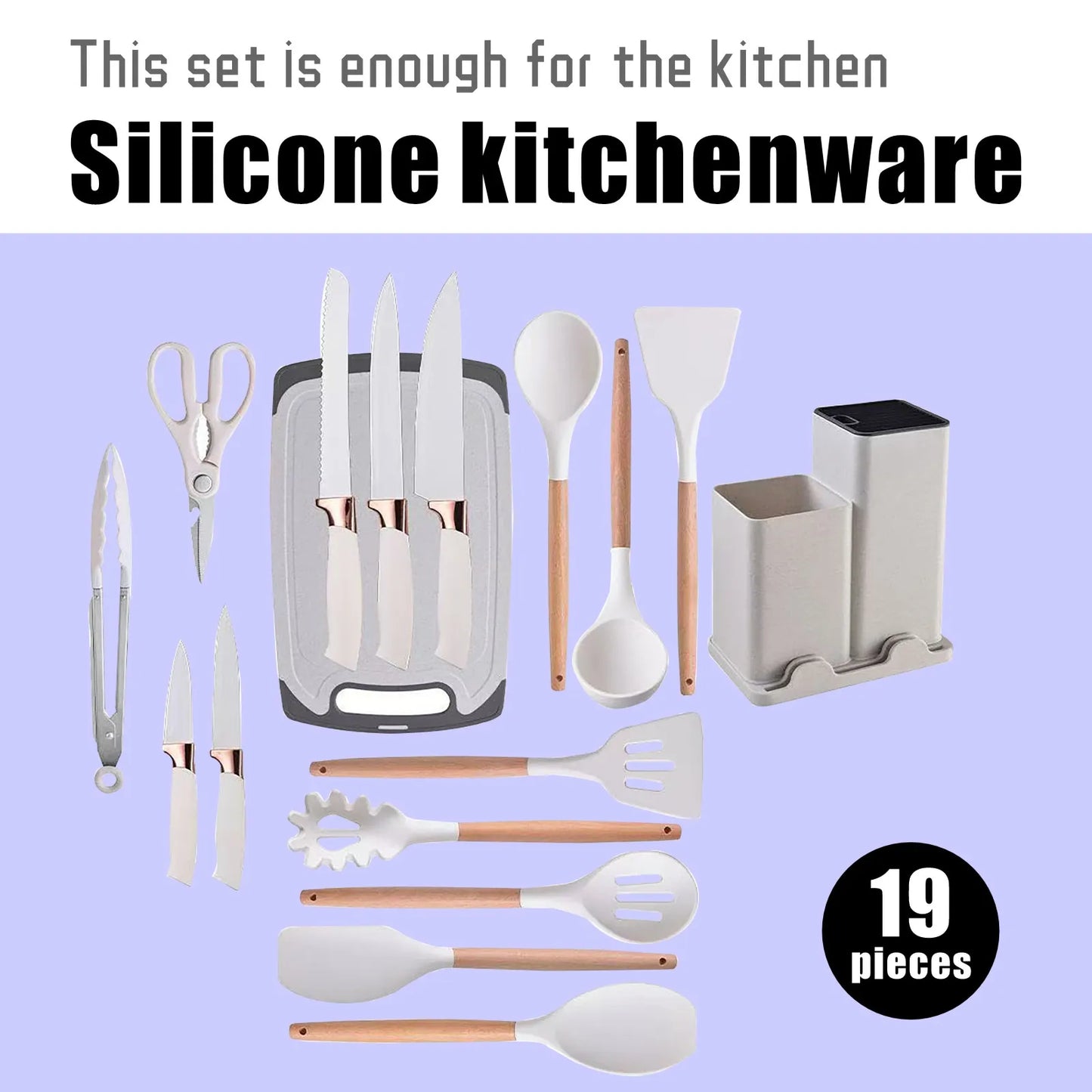 19pc Kitchen Knives and Silicone Utensils w/Holder