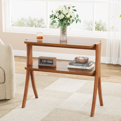 Walnut Side Table with 2-Tier Storage Shelf and Solid Wood Legs
