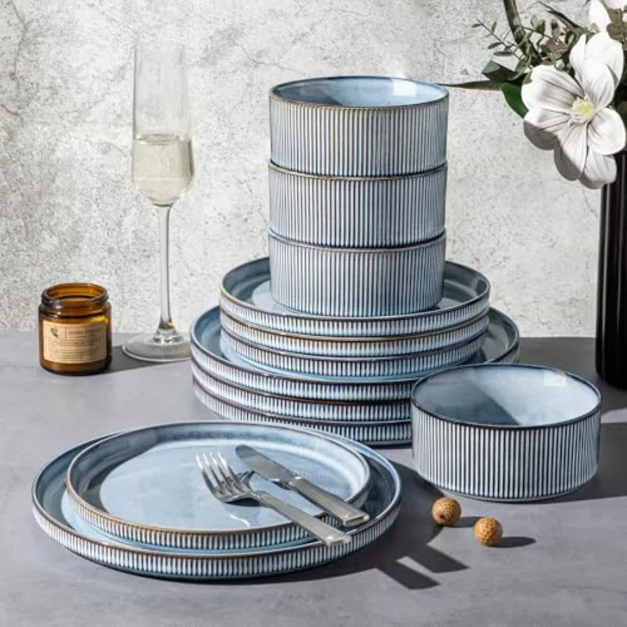 12pc Scratch-Resistant, Stoneware Set (4), Ribbed Ceramic Plates and Bowls
