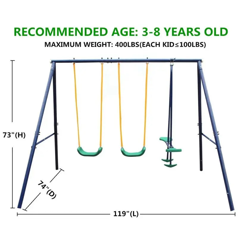 Metal Swing Set for Kids Outdoor, Heavy-Duty Frame w/Double Swings