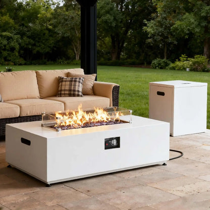 Rectangle 42" Propane Firepit Table w/Tank Holder, Wind Guard, Lid, Glass Stones and Cover