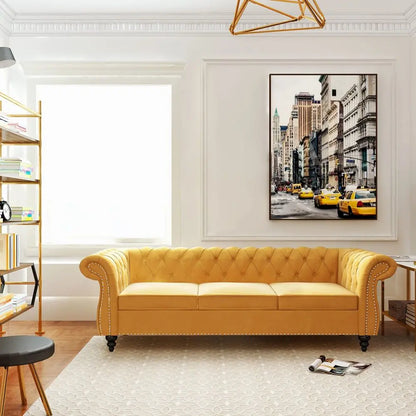 Velvet Chesterfield Sofa, Modern Tufted Couch with Rolled Arms