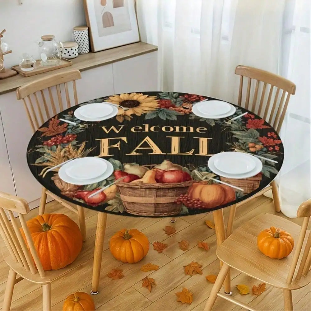 1pc Autumn Round Tablecloth with Welcome Fall Sign