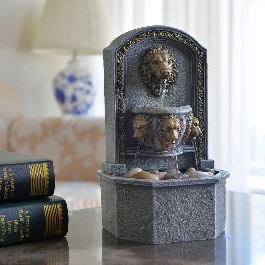 10.3" Tabletop Lion Head Polyresin Indoor Zen Waterfall
