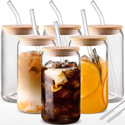 6pcs 18.6oz/550ml Drinking Glasses, Bamboo Lids, Glass Straw