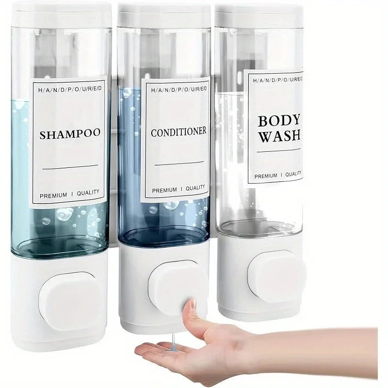 Wall-Mounted 3-in-1 Shampoo, Conditioner, Soap Dispenser, No Drilling