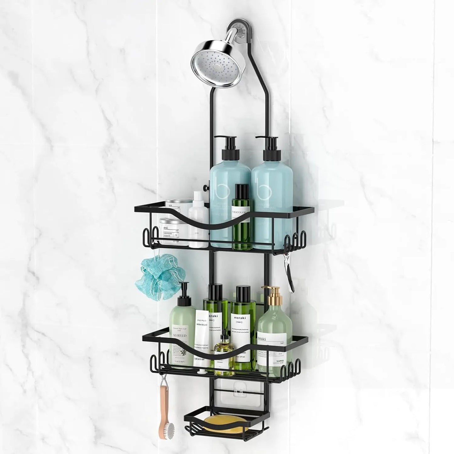 Large Rustproof Hanging Shower Caddy w/Hooks,