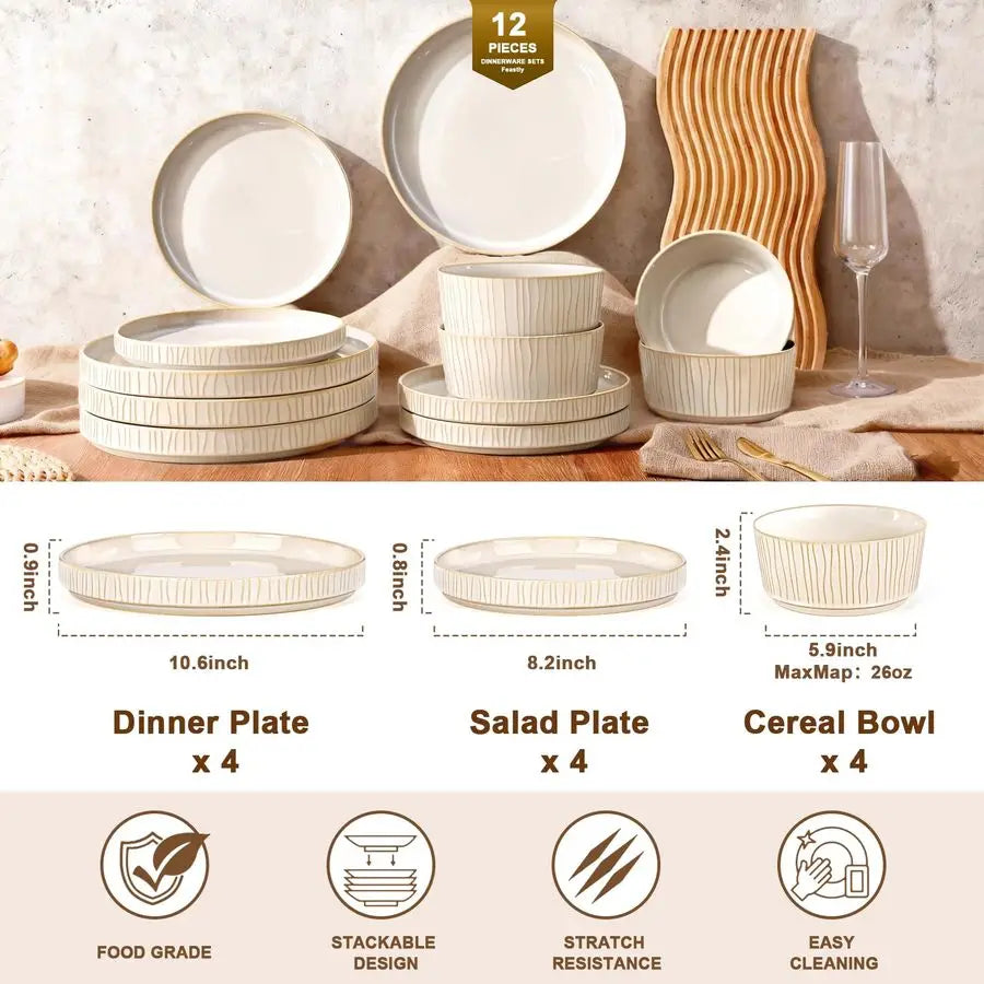 12pc Chip Resistant Stoneware, Ribbed Reactive Glaze Ceramic