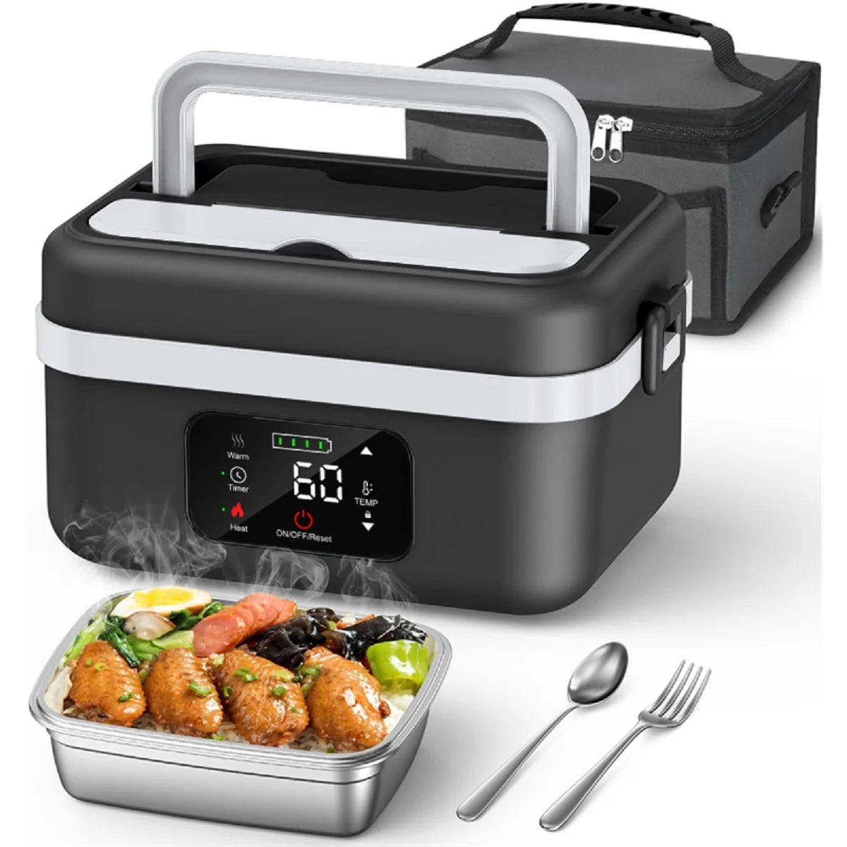 Rechargeable Portable Food Warmer w/Fork and Spoon, Insulated Carrying Bag