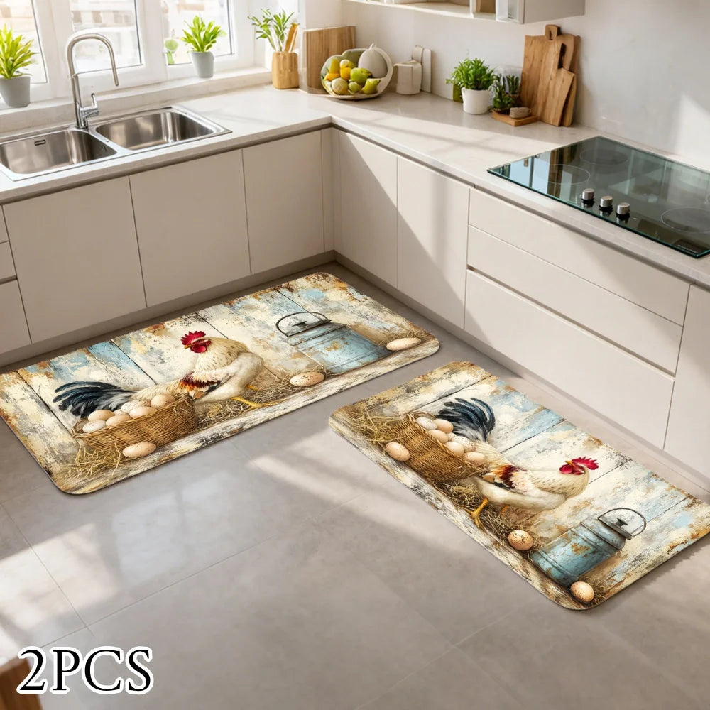 3pc Rustic Farmhouse Kitchen Rugs, Rooster, Chicken, Basket Pattern,
