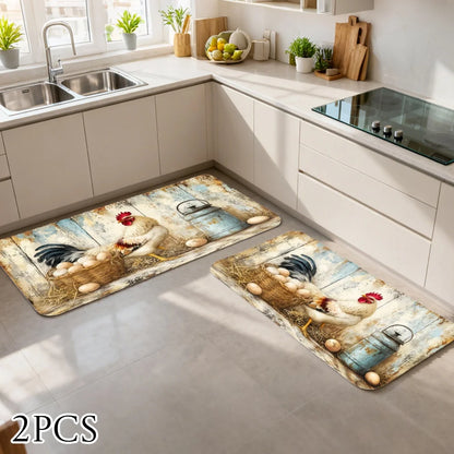 3pc Rustic Farmhouse Kitchen Rugs, Rooster, Chicken, Basket Pattern,