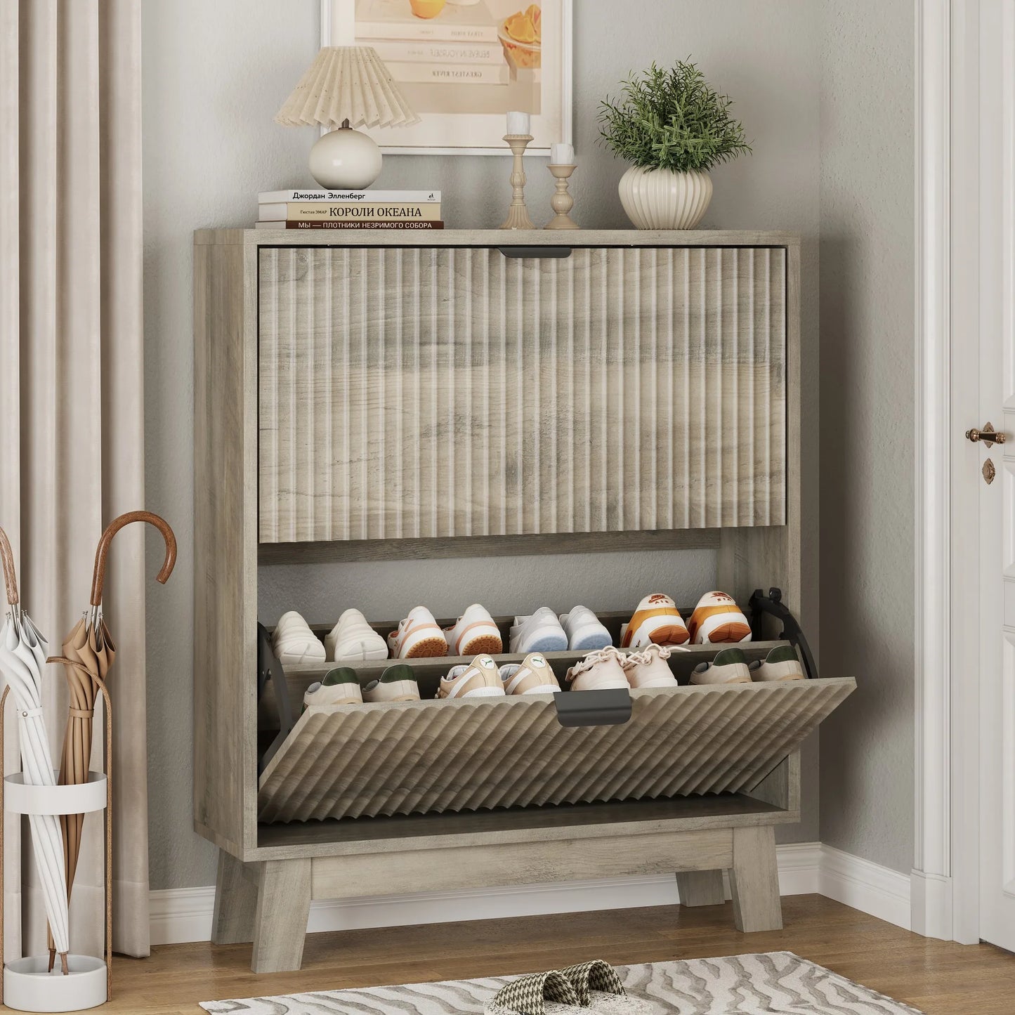 37" Tall Narrow Fluted Shoe Cabinet w/2 Flip Drawers