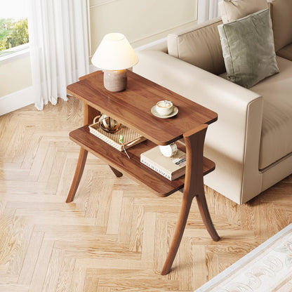 Walnut Side Table with 2-Tier Storage Shelf and Solid Wood Legs