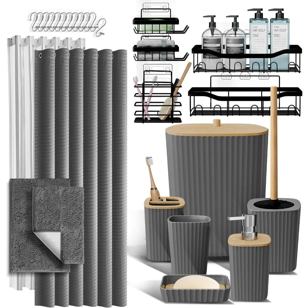 27pc Grey Bathroom Set w/Shower Caddy, Rugs, Curtain, and Accessories